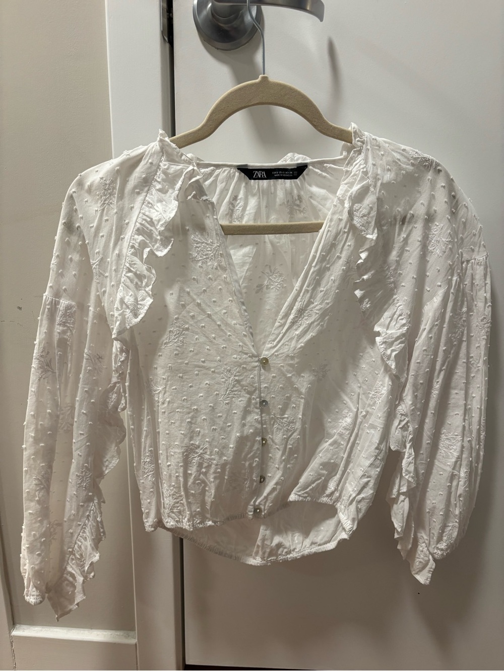 Zara White Swiss Dot Ruffle Button-Front Blouse